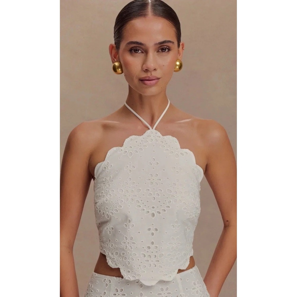 Meshki Broderie Halter Top Size Small Kensley White eyelet $119 Tie Back Bow